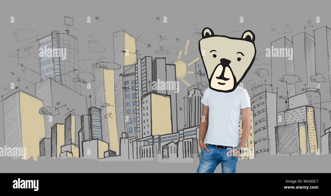 Man with bear animal head face in city Stock Photo