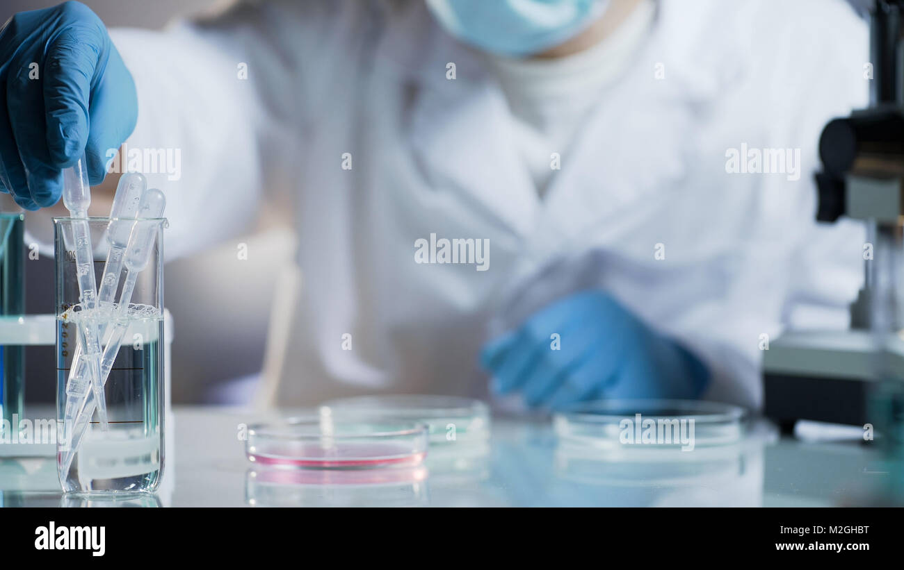 Lab researcher taking sterile pipette to examine cell, conducting research, stock video Stock Photo