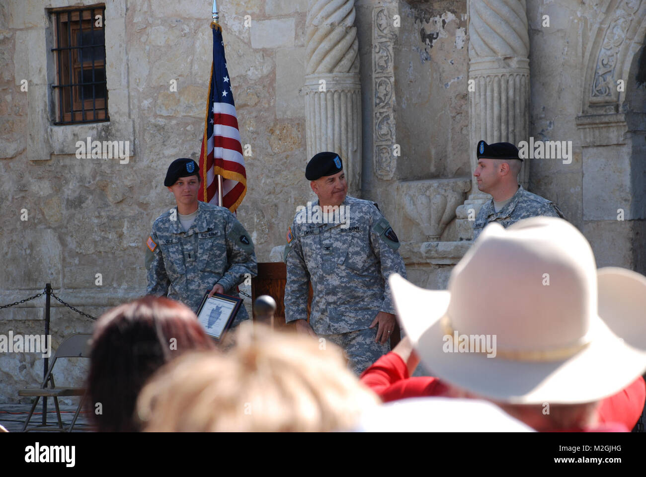 San Antonio, Texas (25 Apr 2010) --  Members of the Texas Army National Guard 162nd Area Support Medical Company render a salute during a deployment ceremony conducted here Sunday at the Alamo.  The 162nd Area Support Medical Company will provide critical care to military members on the battlefield.  The honored guest speaker, Brig. Gen. Joyce L. Stevens acknowledged and thanked the Soldiers for their selfless services to their nation.  (Photo:  SPC Maria Moy, JFTX-PAO) Chaplain Robert F. Ewing by Texas Military Department Stock Photo