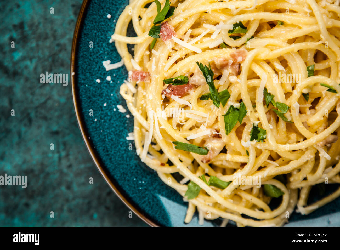 Spaghetti carbonara with egg and pancetta Stock Photo Alamy