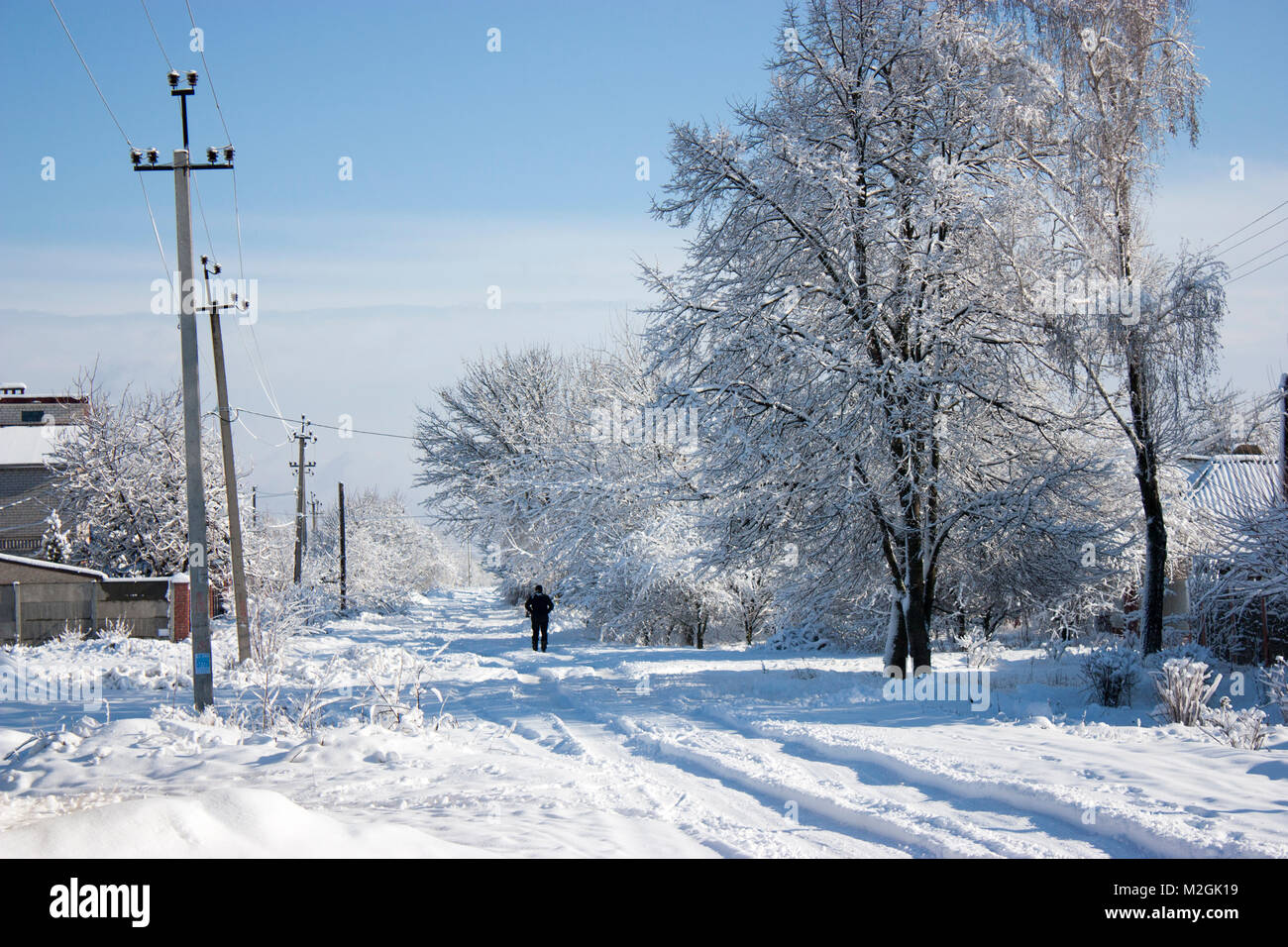 Winter street in the snow, a sunny winter day, at home Stock Photo