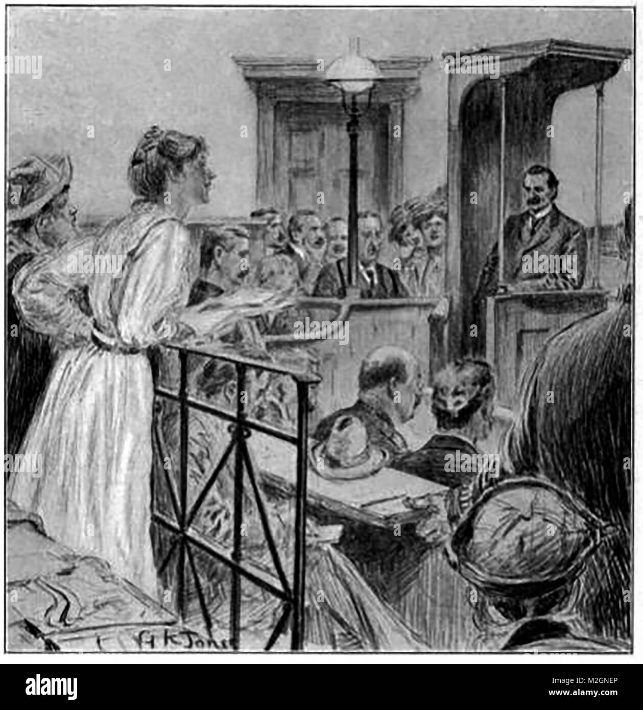 Suffragettes - Christabel Pankhurst  questioning Herbert Gladstone in court  - A sketch from the time Stock Photo