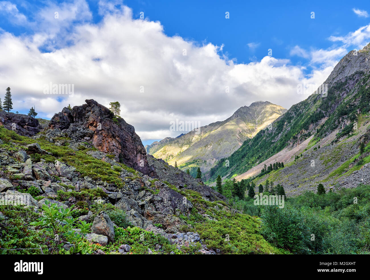 Lateral moraine is overgrown with small shrubs. Eastern Siberia. Sayan Mountains. Russia Stock Photo
