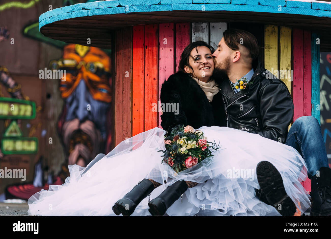 Wedding in the style of rock. Rocker or Biker wedding Stock Photo - Alamy