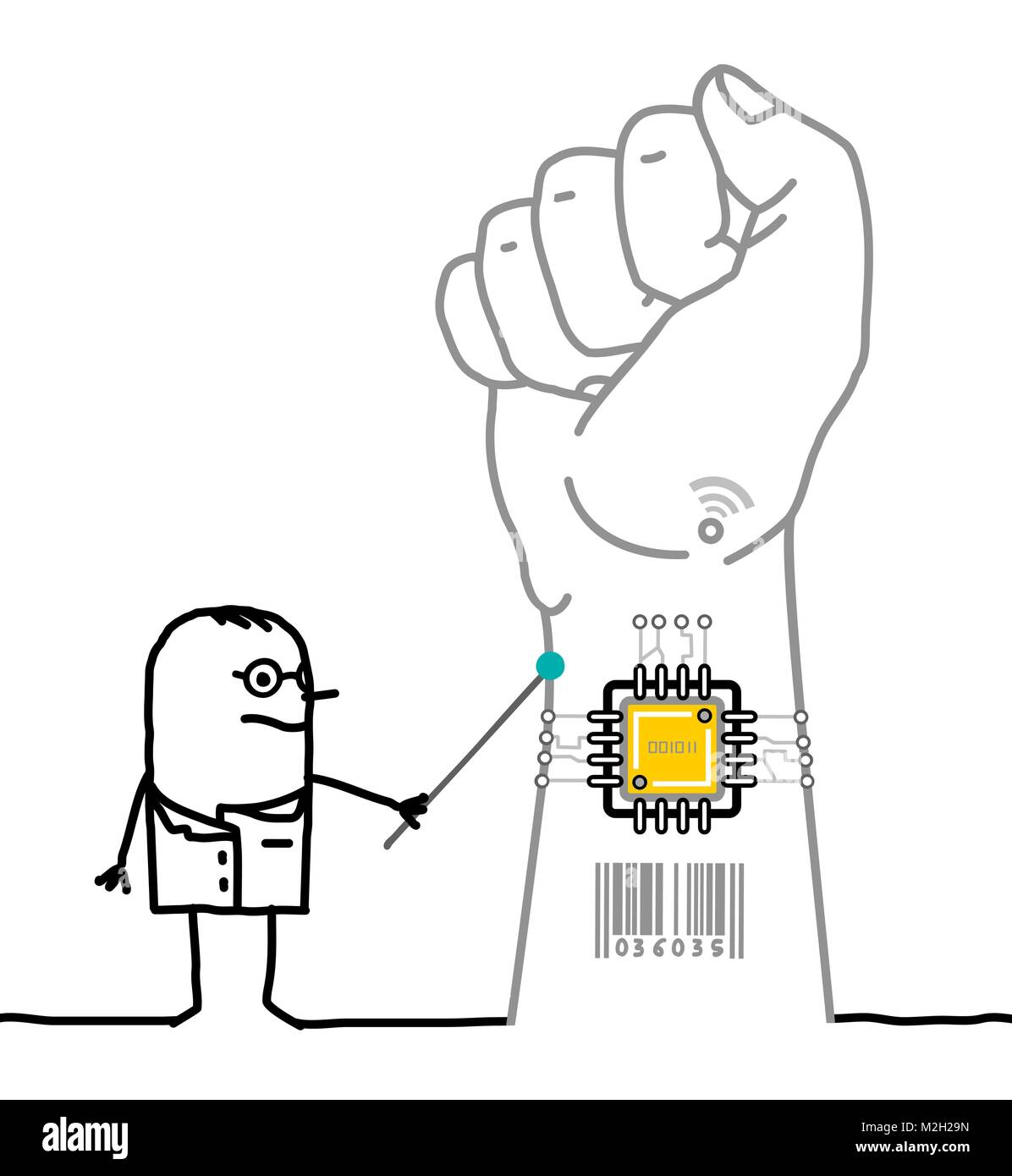 Cartoon Doctor Showing A Microchip Implant in Wrist Stock Vector