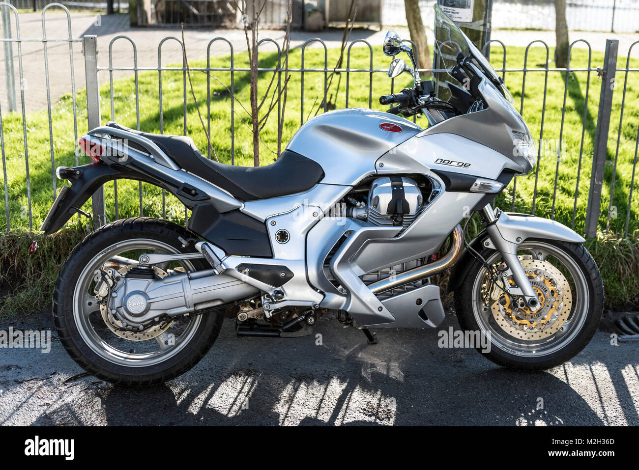 A Moto Guzzi Norge 1200 parked outside. Stock Photo