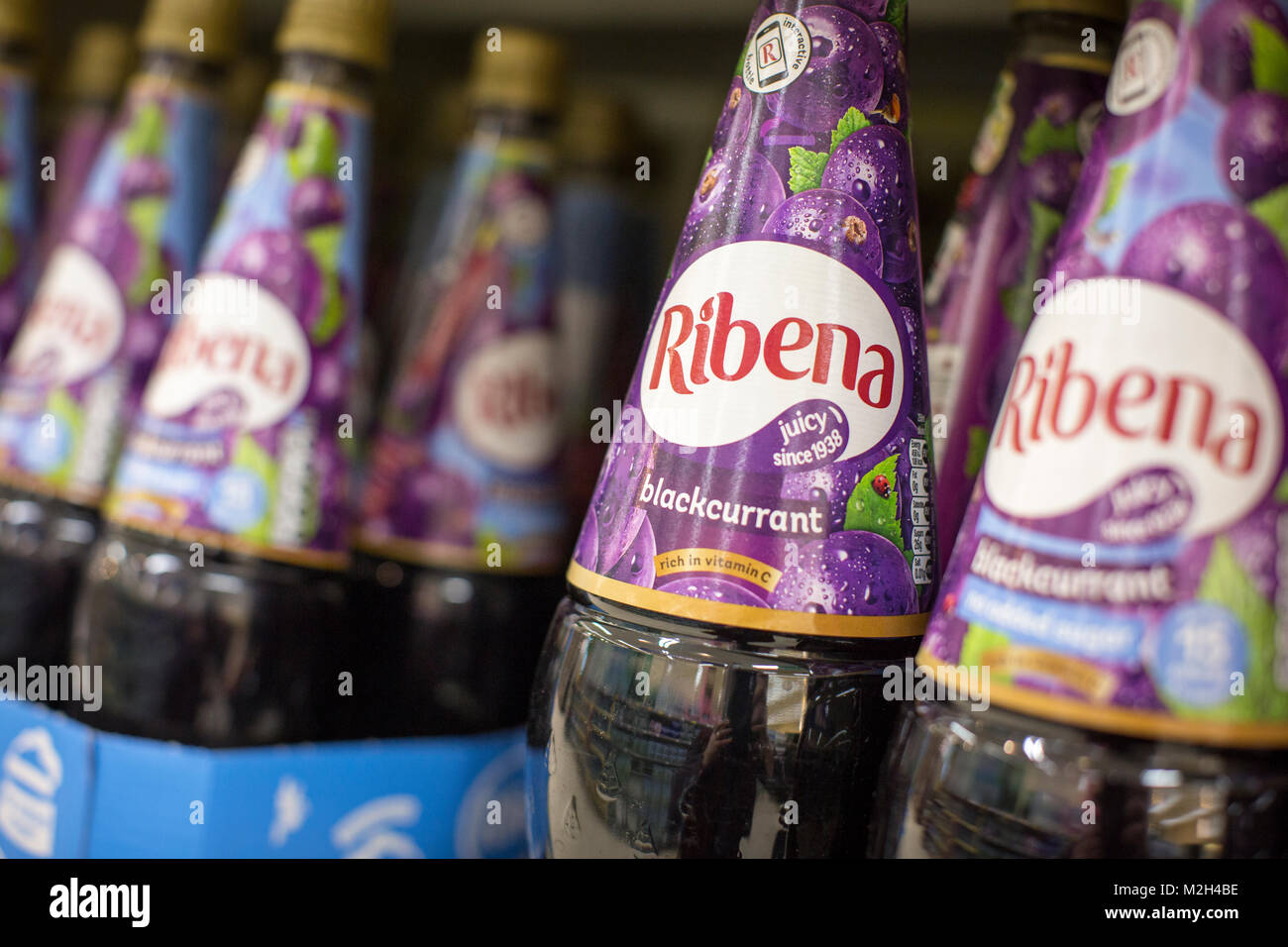 Ribena blackcurrant drink on supermarket shelves Stock Photo