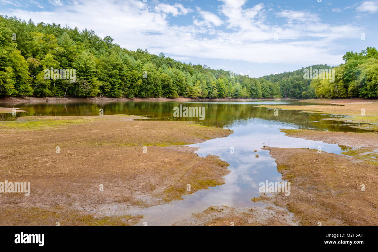 A lagoon on a peaceful summer morning flanked by trees under blue sky in Nantahala National Forest near Blue Ridge, Georgia, USA. Stock Photo