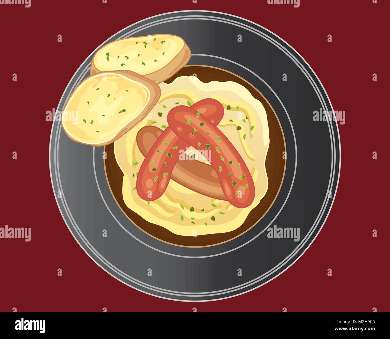a vector illustration in eps 10 format of a plate of sausages mashed potato gravy and buttered bread on a dark red background Stock Vector