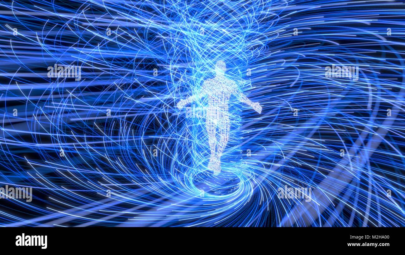artificial intelligence figure in the center of energy vortex. suitable