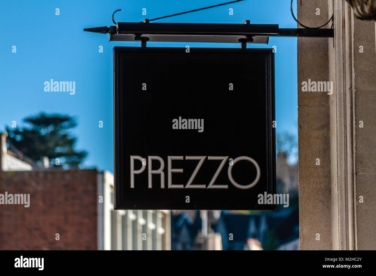Prezzo restaurant chain sign, in Torquay, Devon. 2018. Stock Photo