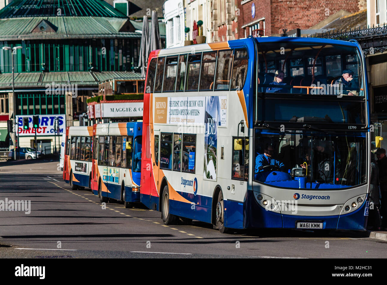 Stagecoach buses in Torquay town centre, Torquay, Torbay, Devon, UK. February 2018. Stock Photo