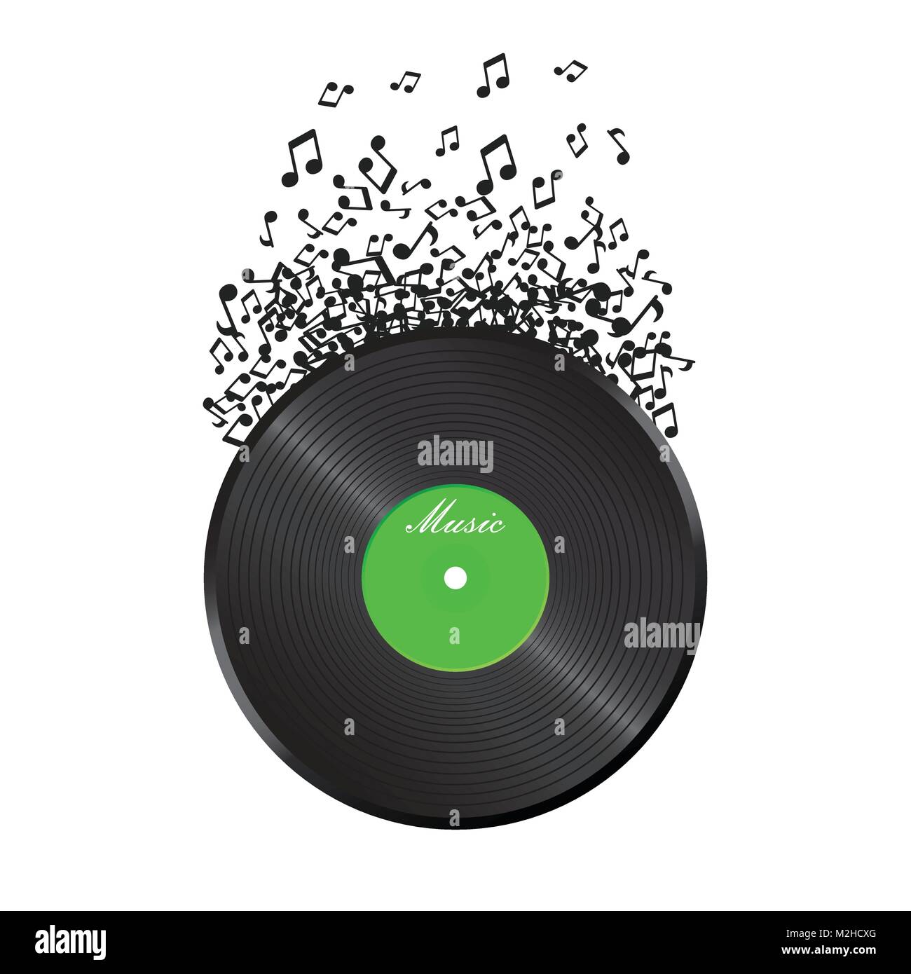 Vinyl disk with flying sound note. Music disk vector illustration. Sound record. Stock Vector