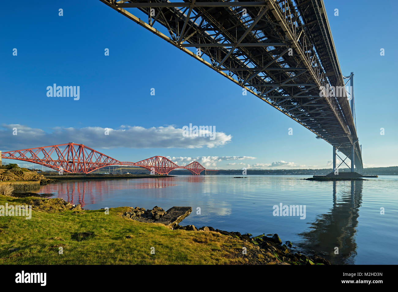 Forth Road Bridge and Forth Rail Bridge from North Queensferry, Fife, Scotland. Stock Photo