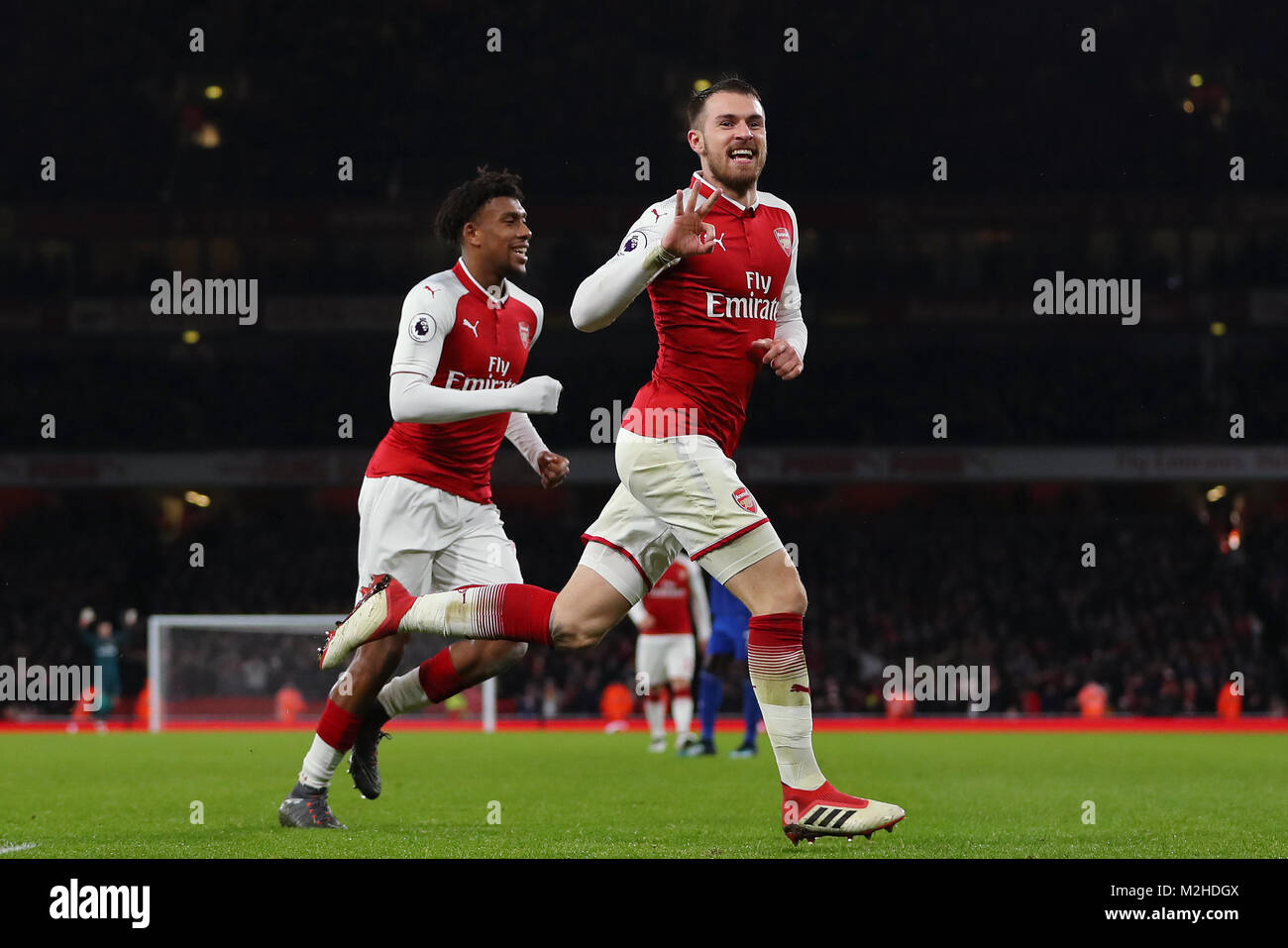 Aaron Ramsey of Arsenal celebrates scoring a goal - Arsenal v Everton, Premier League, Emirates Stadium, London, England - 3rd February 2018. Stock Photo