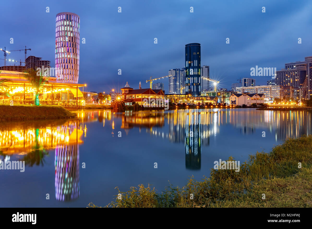 Europe Square during blue hour, Batumi, Stock Photo Alamy