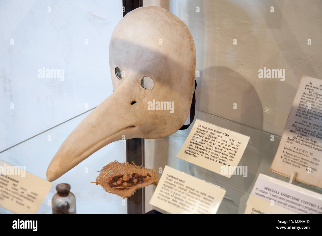 San Leo, Italy - February 23 - 2010: a real ancient plague mask used in medieval age by doctors Stock Photo