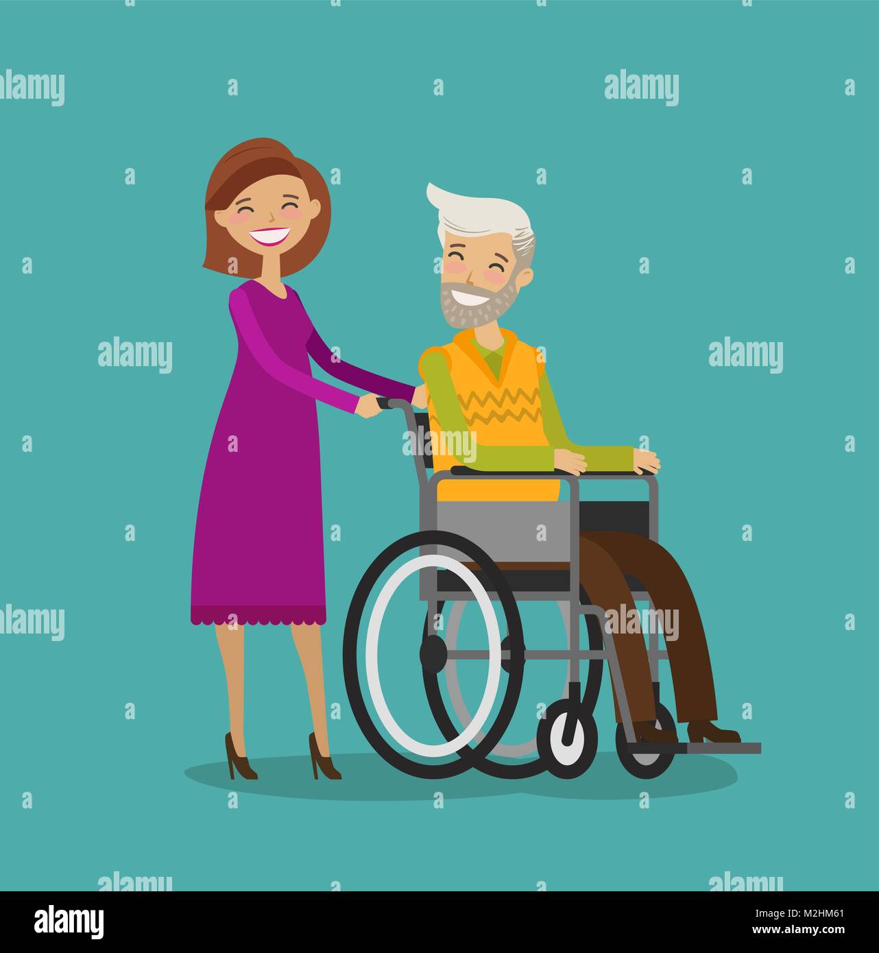 Volunteer or nurse on walk with disabled elderly man in wheelchair. Cartoon vector illustration Stock Vector