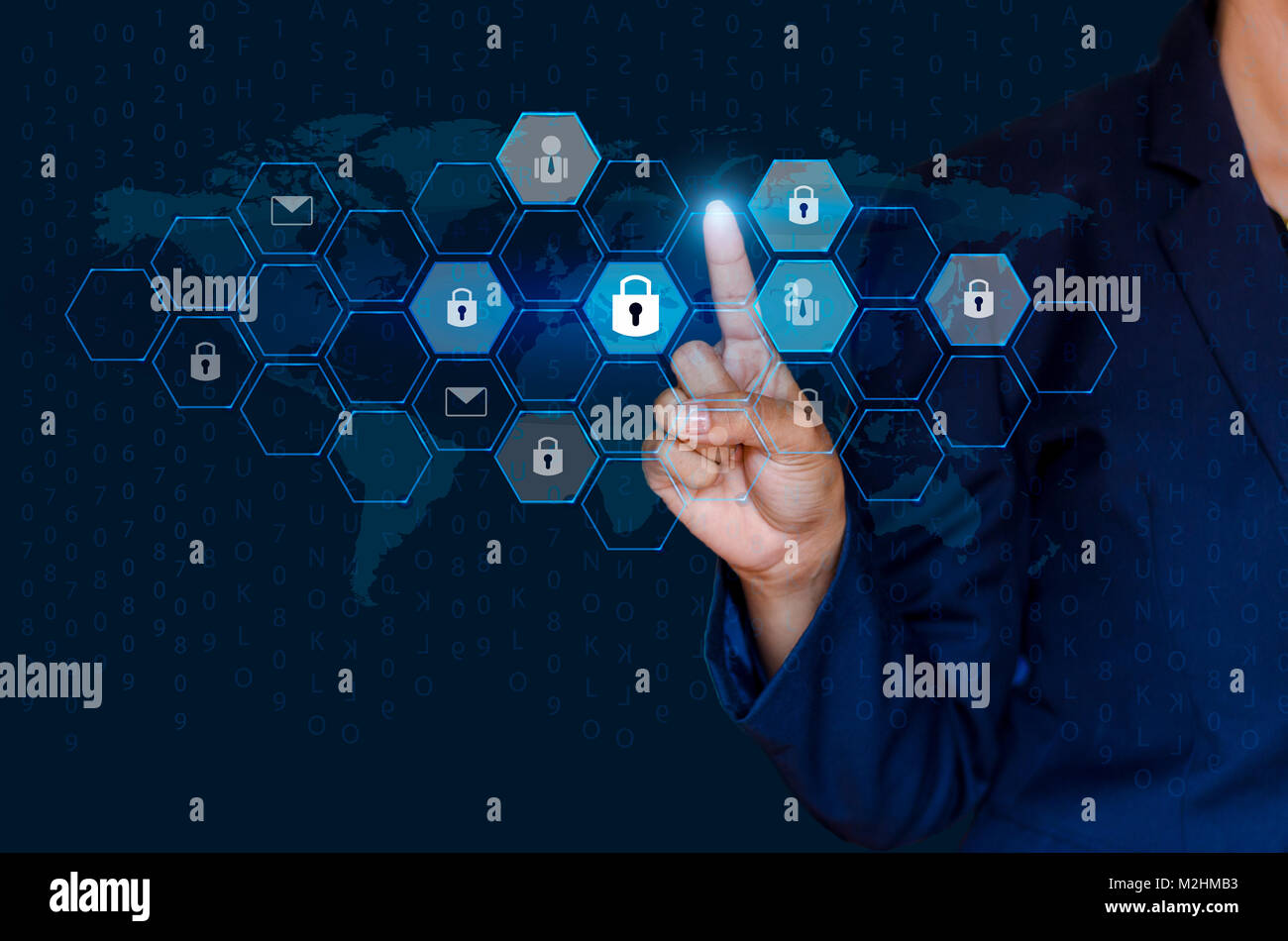 button on virtual screen pressed with finger Global network security world map Key lock security system abstract technology world digital link cyber s Stock Photo
