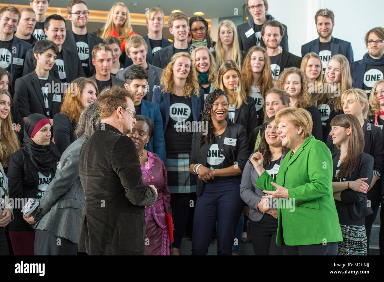 German Chancellor Angela Merkel receives the Youth Ambassadors of the development organization ONE.  ONE engages primarily in cooperation in Africa. The Youth Ambassadors will be accompanied by the vocalist of the band U2 Bono Vox (Paul David Hewson), founder of the organization. Stock Photo