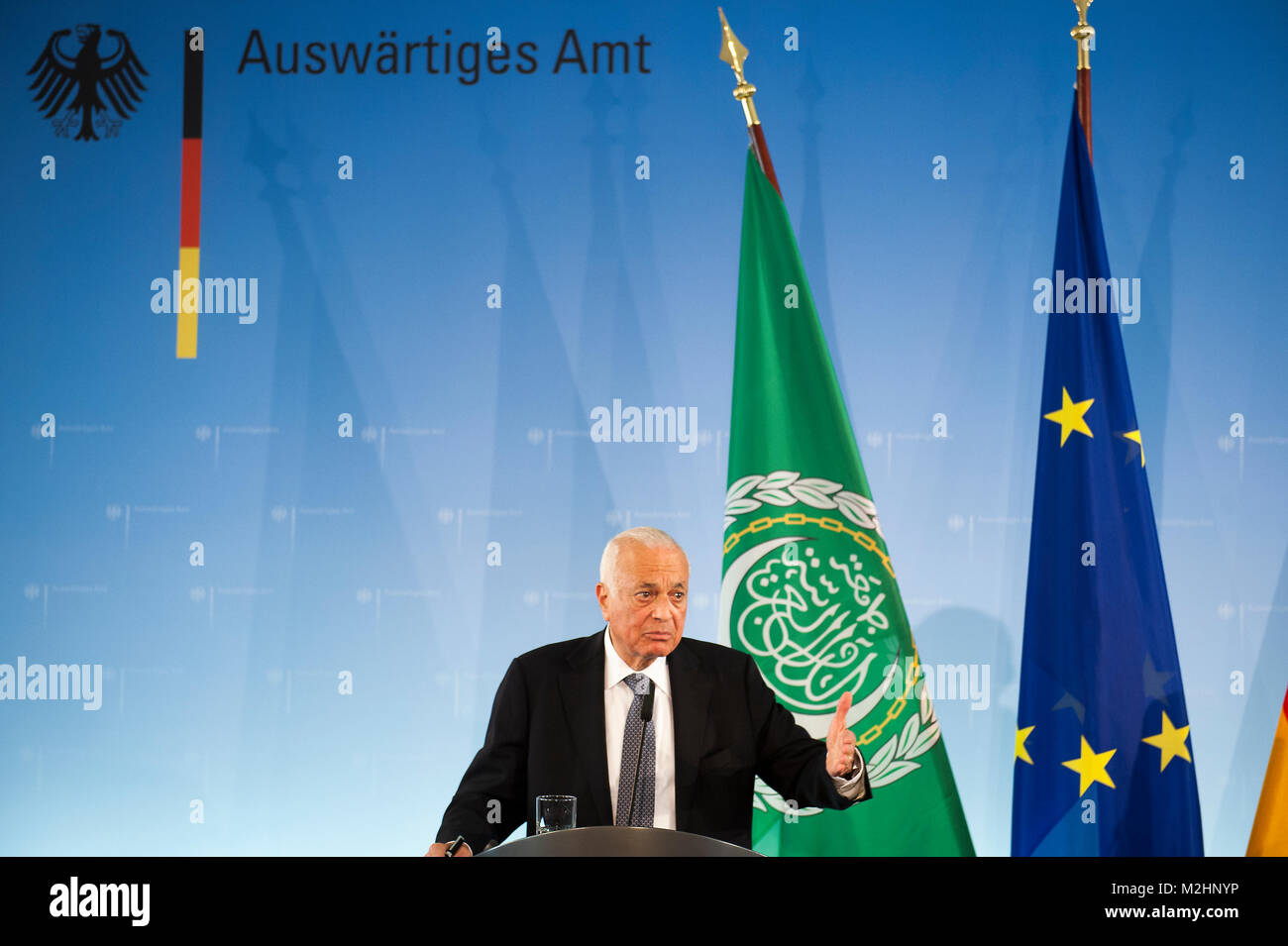 Press conference between Foreign Minister Westerwelle and Secretary General of the Arab League, Nabil Elaraby. They are together against terrorism. Stock Photo