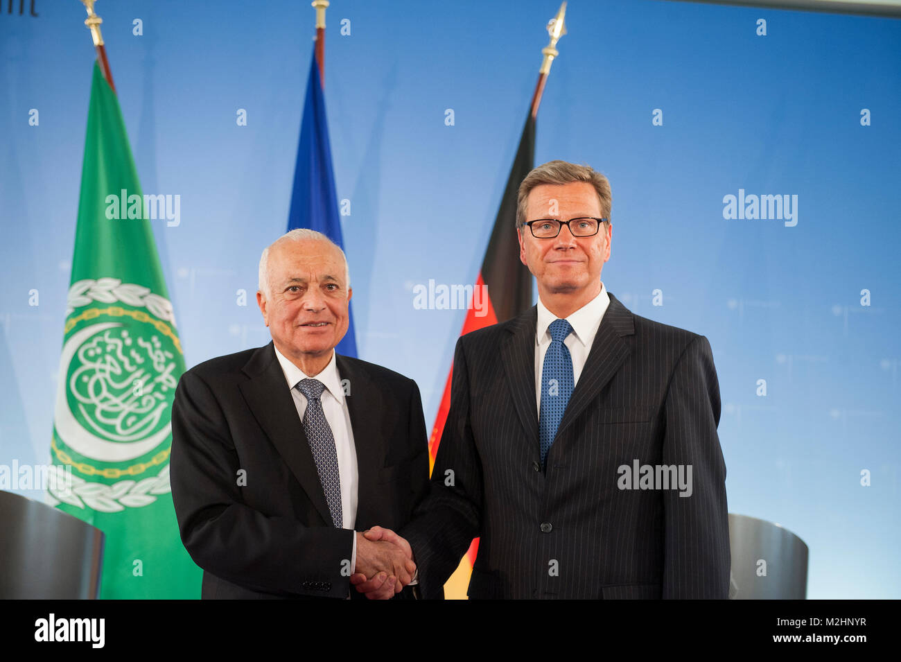 Press conference between Foreign Minister Westerwelle and Secretary General of the Arab League, Nabil Elaraby. They are together against terrorism. Stock Photo