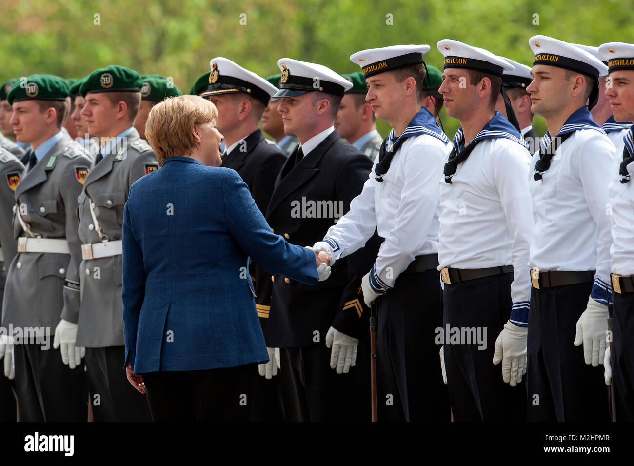 Federal Chancellor Angela Merkel welcomes in Berlin with military honors the President of the Republic of Niger, Mahamadou Issoufou. Stock Photo