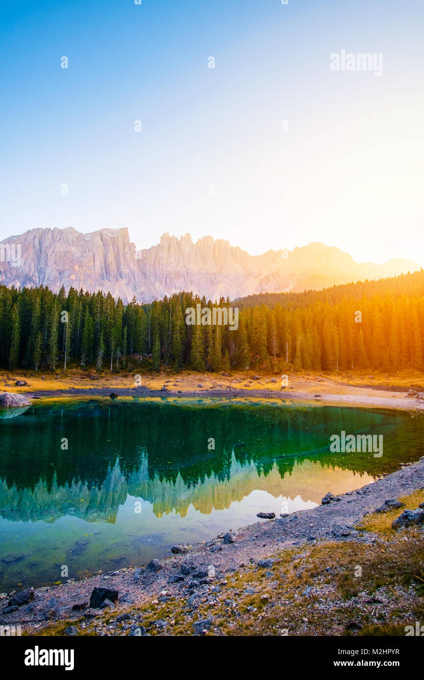 Carezza lake( (Lago di Carezza) ) and Mount Latemar in Dolomites Alps . Italy Stock Photo