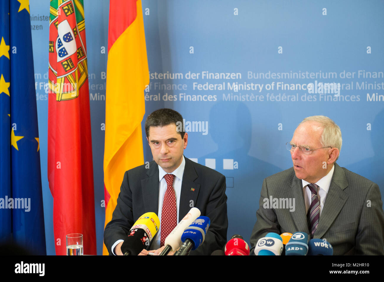 German Finance Minister, Wolfgang Schäuble and Portuguese Finance Minister, Vitor Gaspar. They meet to discuss about the German support to the SMEs in Portugal. The two ministers were assembled before with Chancellor Angela Merkel. Stock Photo