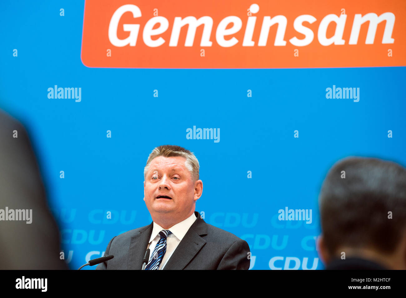 The chairman of the CDU Hermann Gröhe gives a press conference after a CDU federal meeting with Angela Merkel. Stock Photo
