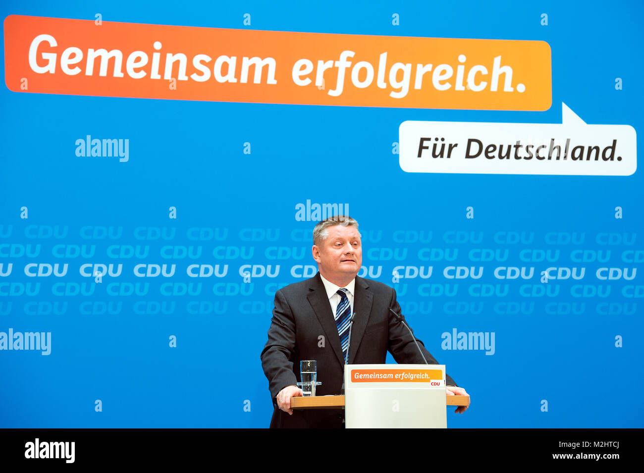 The chairman of the CDU Hermann Gröhe gives a press conference after a CDU federal meeting with Angela Merkel. Stock Photo