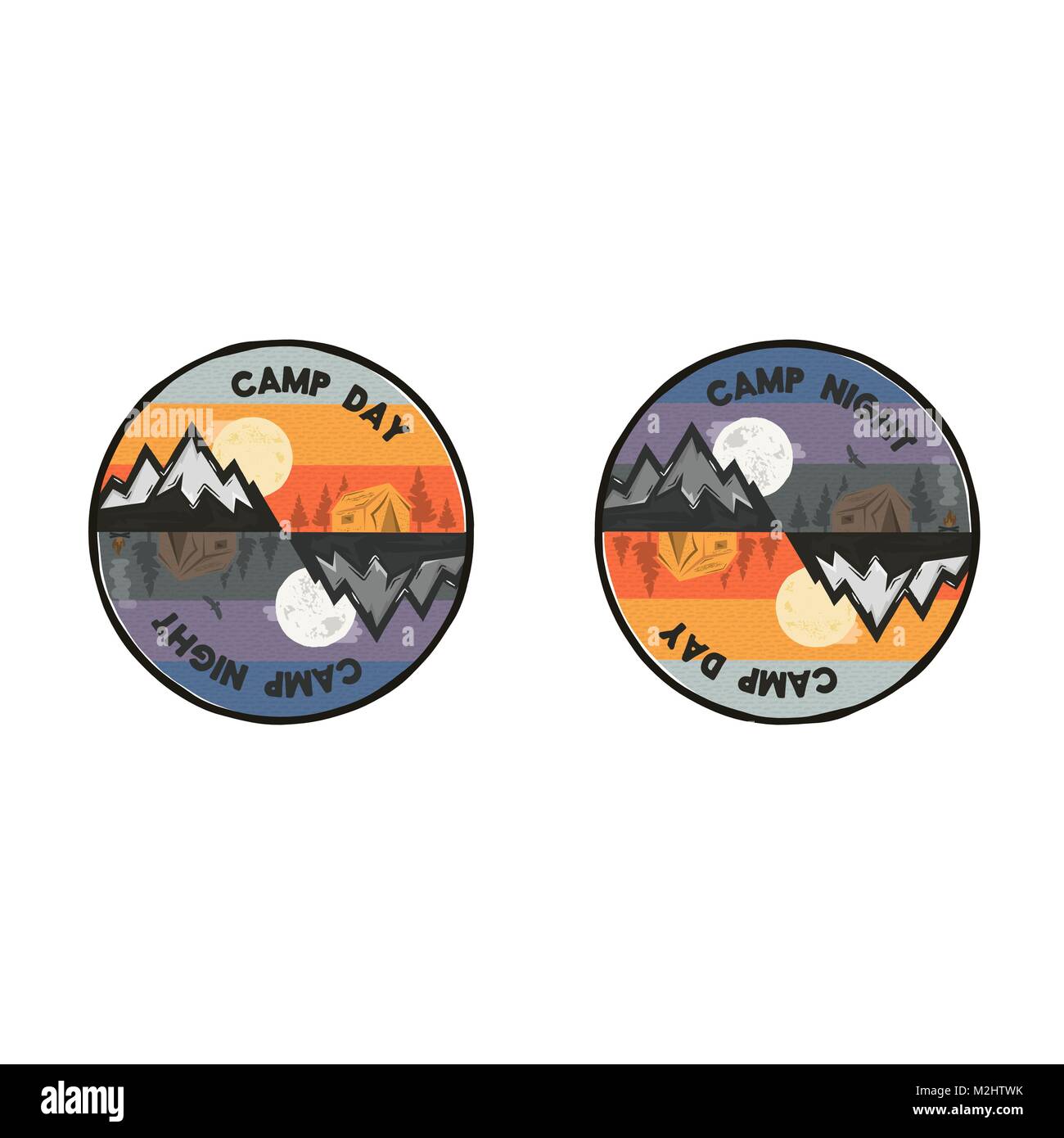 Camp Day And Camp Night Outdoor Adventure Concept Unique Camping Emblem Badge Included Mountains Tent Bonfire Eagle Symbols And Elements Letter Stock Vector Image Art Alamy
