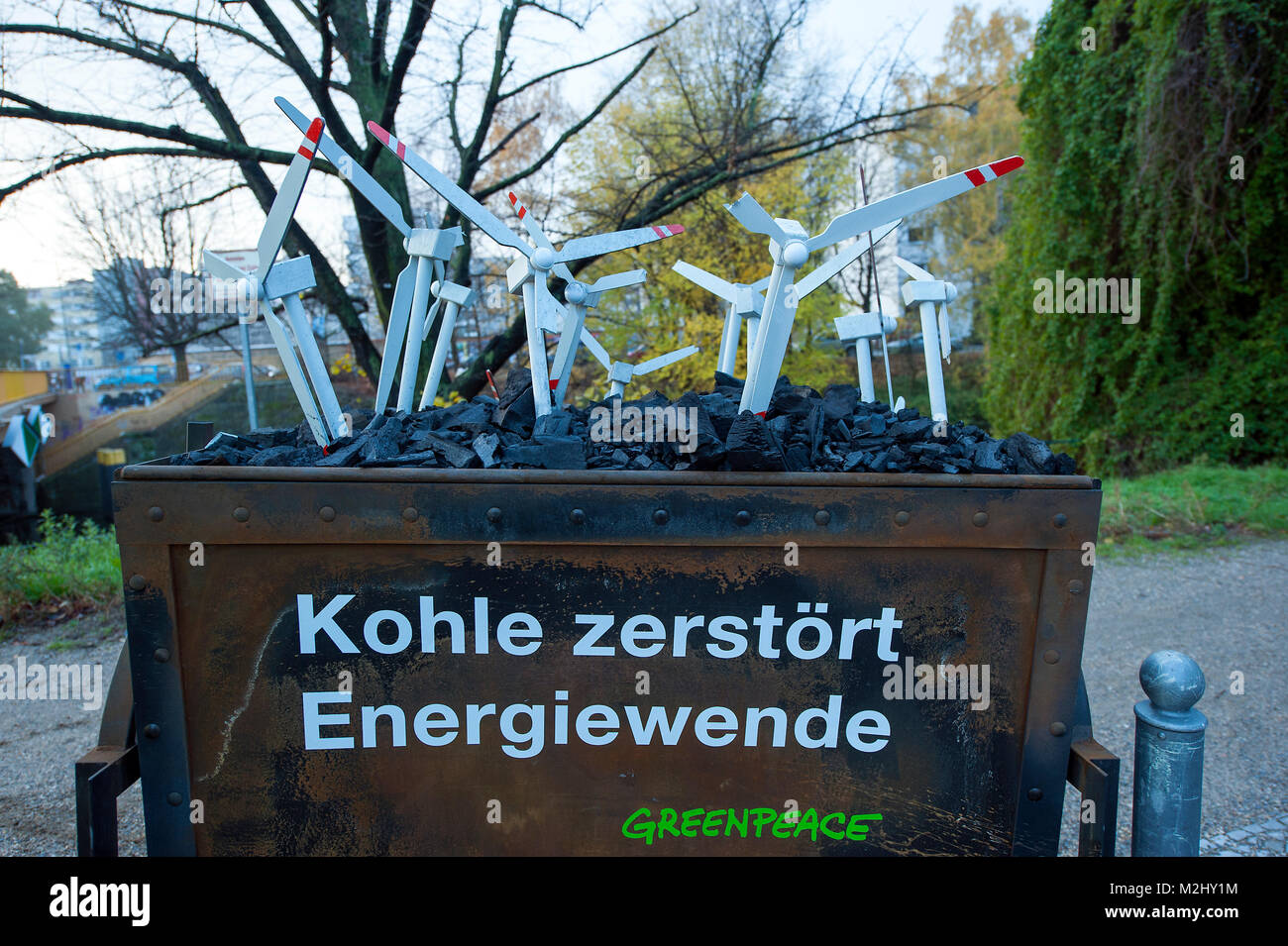 Some Greenpeace activist demonstrated their discontent to the renewable energy policy on the day that the SPD and CDU / CSU are in a meeting to define the future of the coalition. Stock Photo