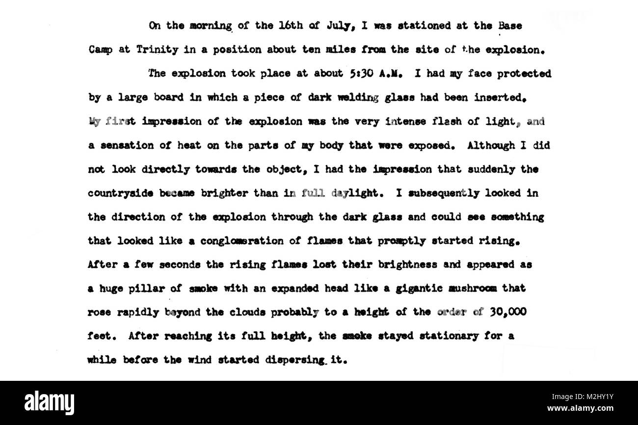 Trinity Test, Excerpt of Enrico Fermi Observations, 1945 Stock Photo