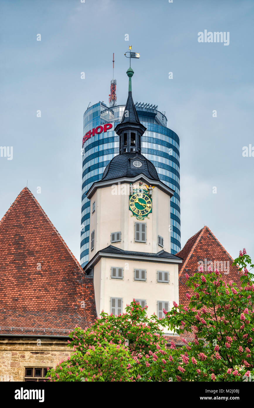 Baroque tower with clock of Rathaus at Markt (Town Square), JenTower office tower behind,  Jena, Thuringia, Germany Stock Photo