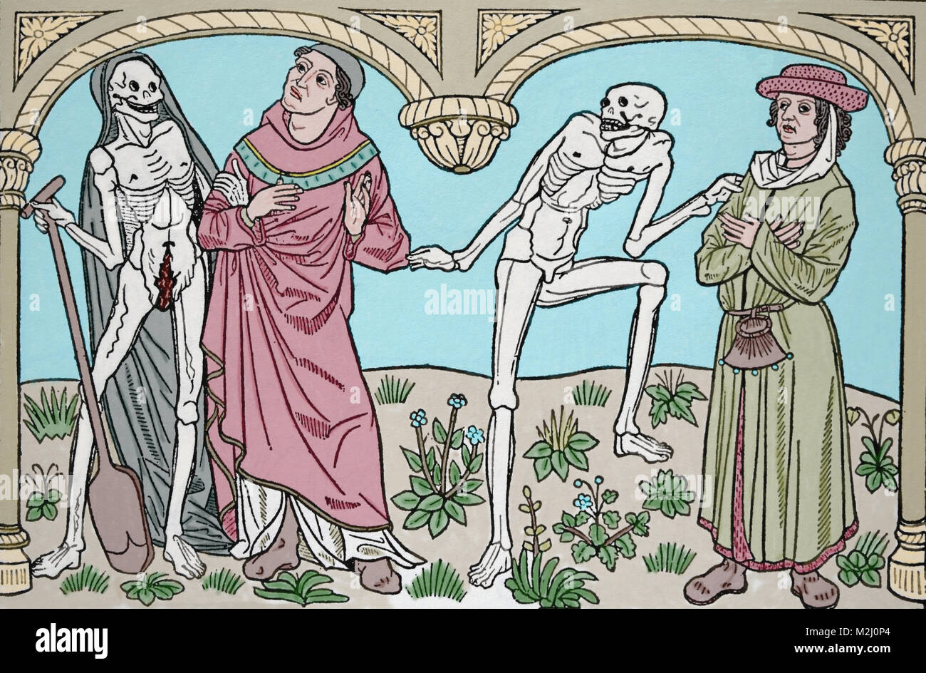 Dance of Death. Bourgeois and astrologer. Printed by Guyot Marchant, France. 15th century. Stock Photo