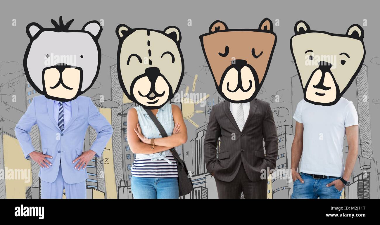 People with bear animal head faces in city Stock Photo