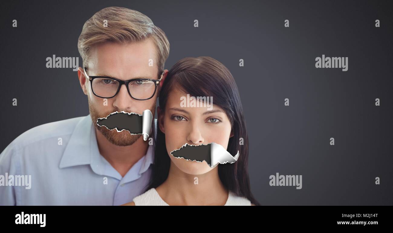 Couple with torn paper on mouths Stock Photo