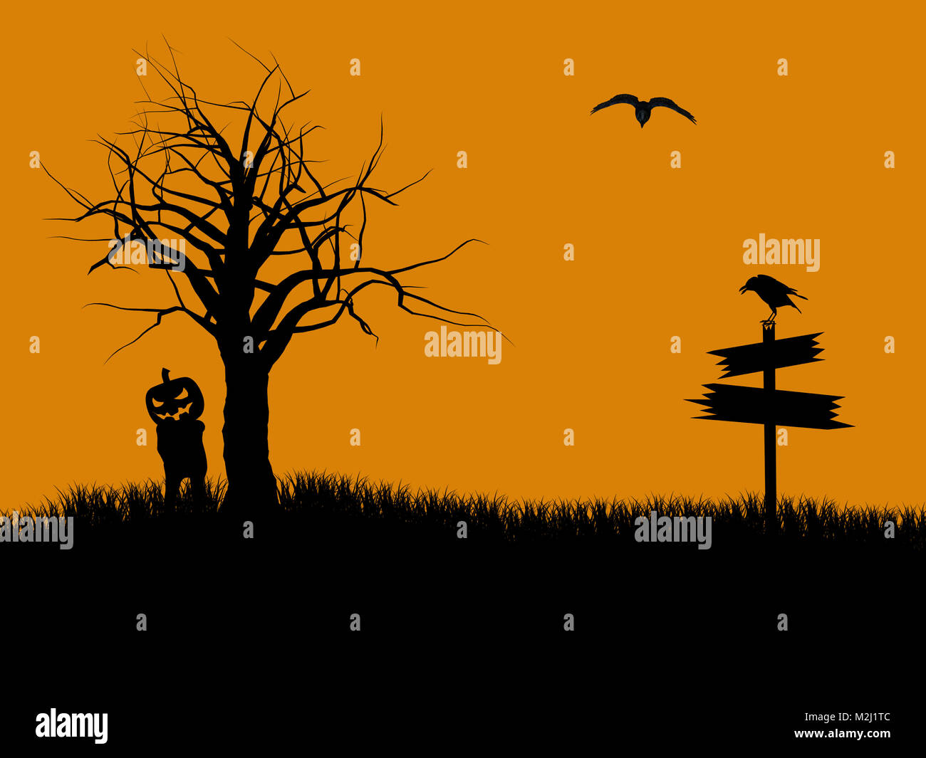 A black halloween illustration silhouette on an orange background Stock ...