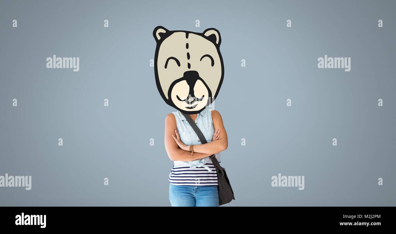 Woman with bear animal head face Stock Photo