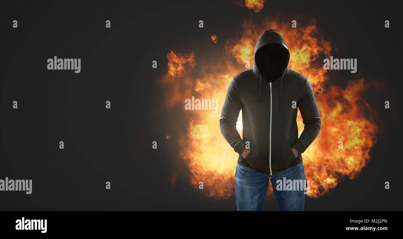Dark Man with no face and burning fire flames Stock Photo