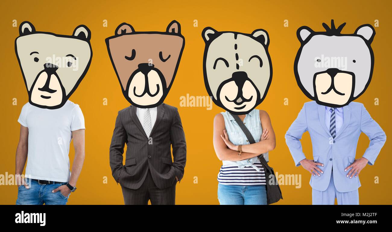 People with bear animal head faces Stock Photo