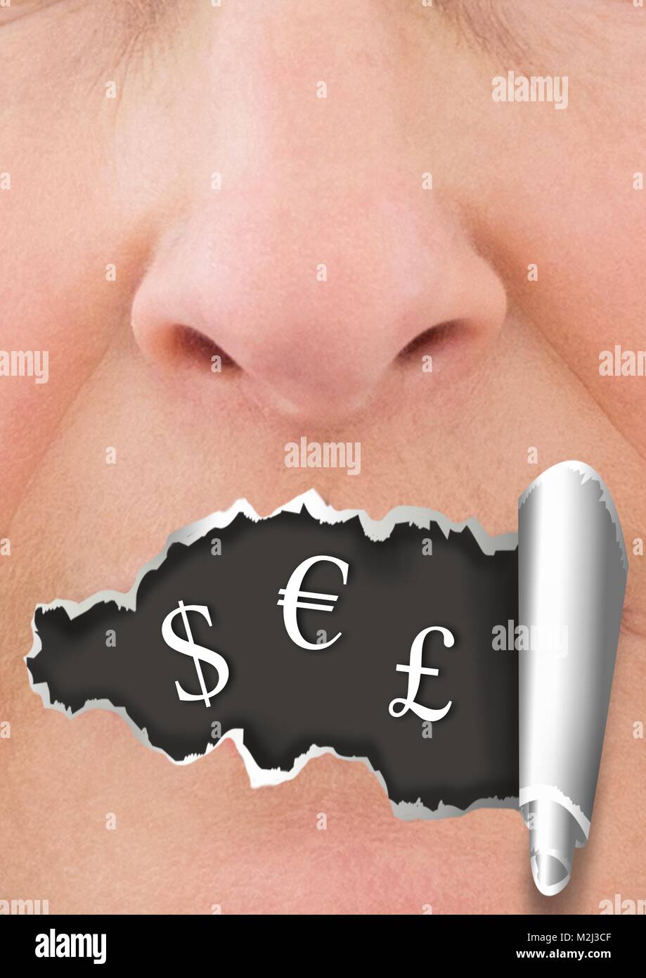 Face with torn paper on mouth and money currency mouth Stock Photo