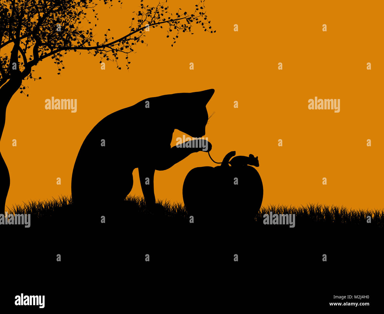 A black halloween illustration silhouette on an orange background Stock ...