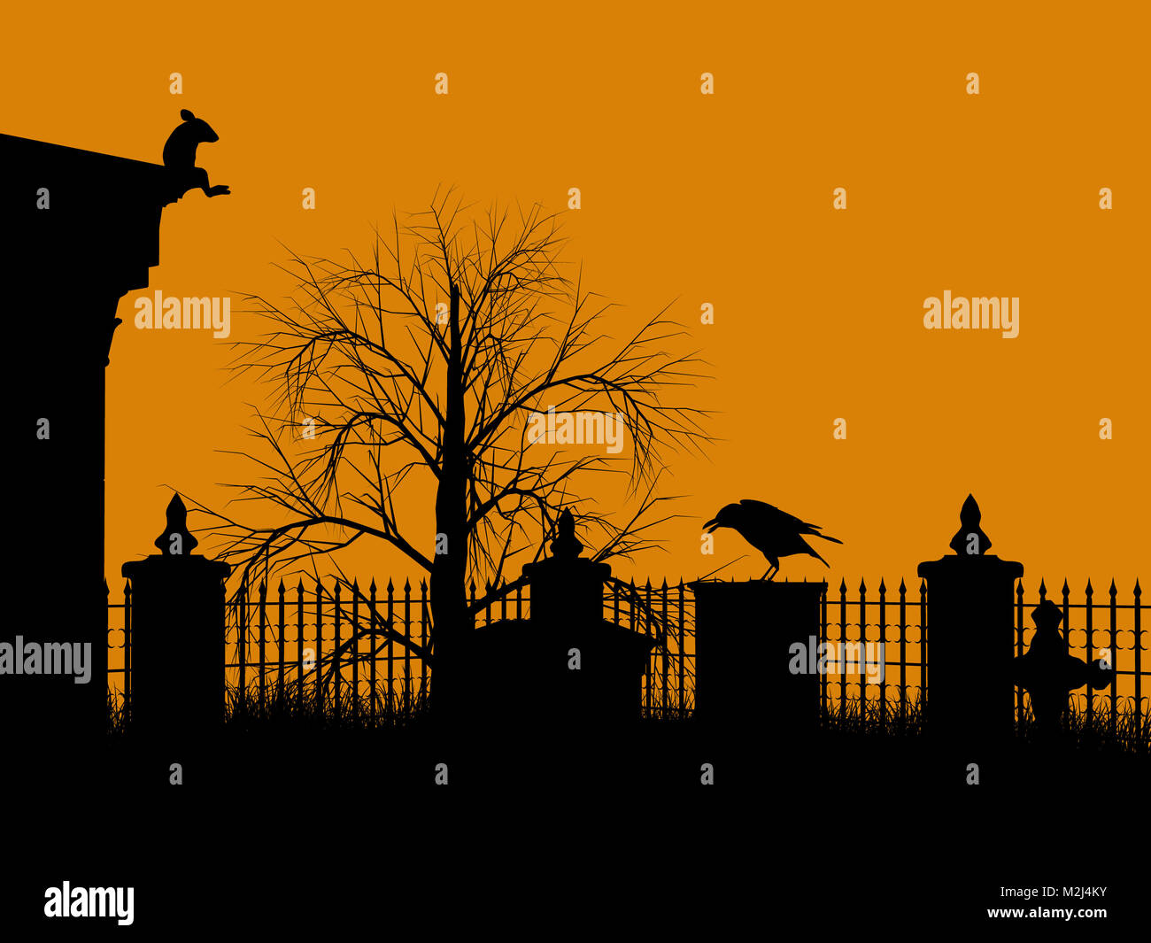 A black halloween illustration silhouette on an orange background Stock ...