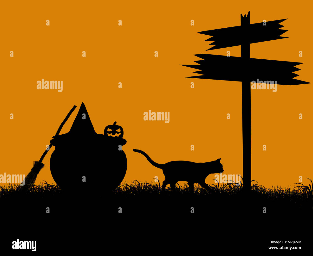 A black halloween illustration silhouette on an orange background Stock ...