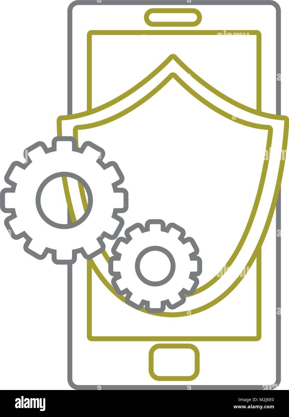yellow line smartphone with shield security and gears process Stock ...