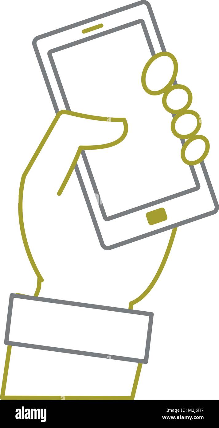yellow line hand with smartphone technology object icon Stock Vector ...