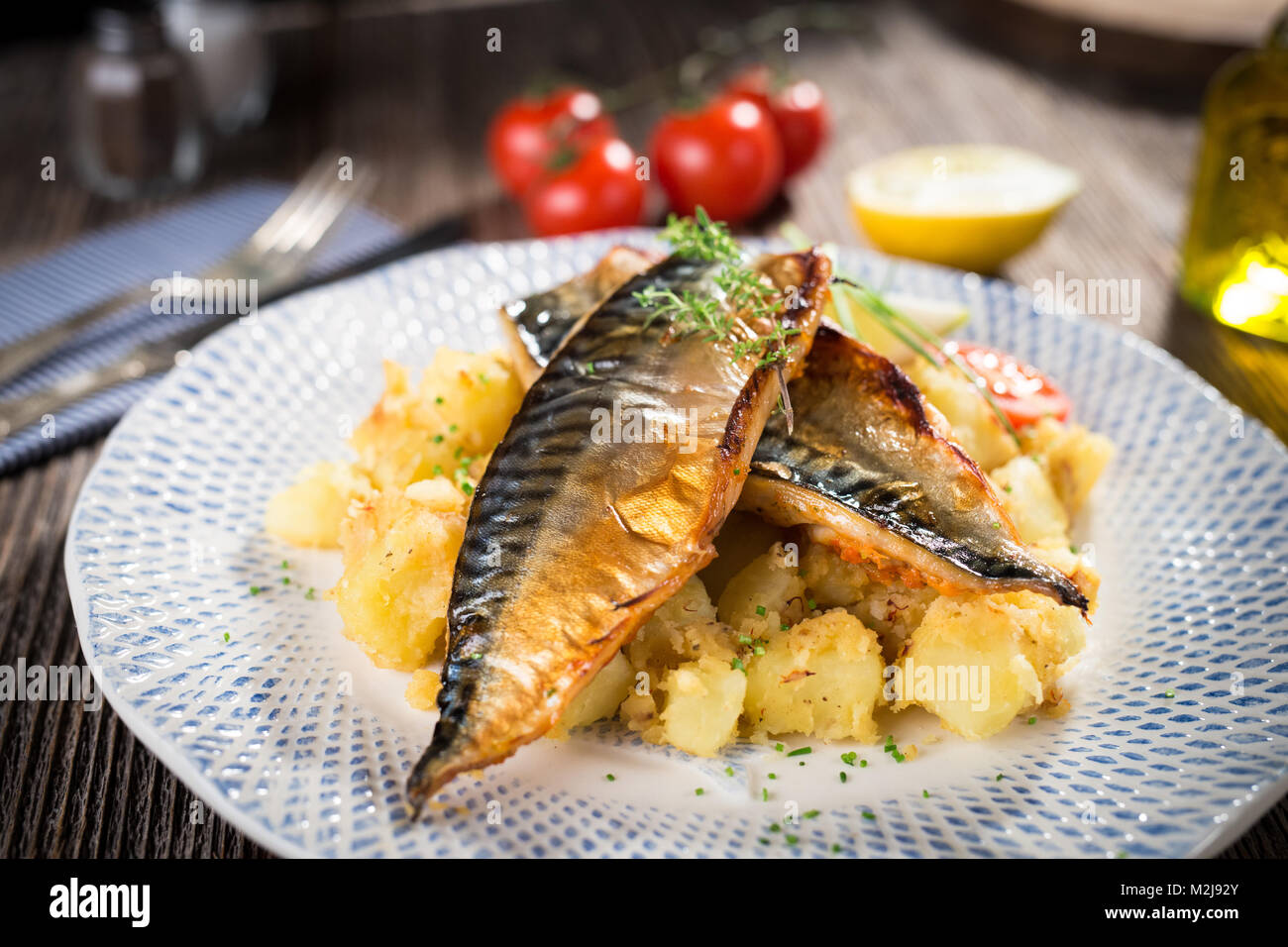 Roasted mackerel fillet with potato Stock Photo Alamy