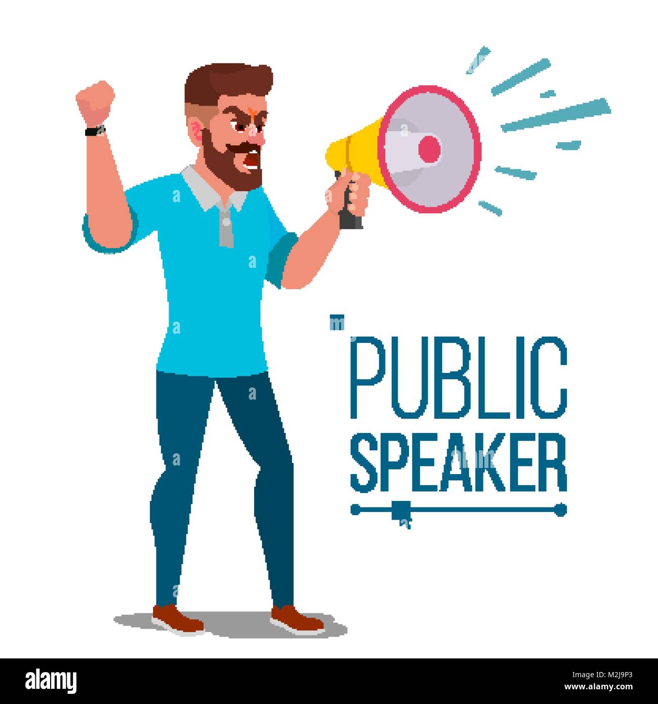 Man Shouting Through Loud Speaker Vector. Leadership Speech. Signs Of